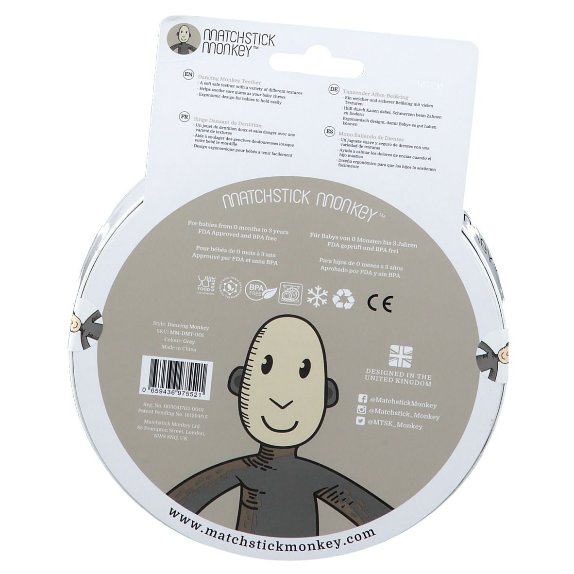 Rückseite der Verpackung. Text und Logos. "Matchstick Monkey"-Logo. Informationen zur Verwendung und Zertifizierungen.