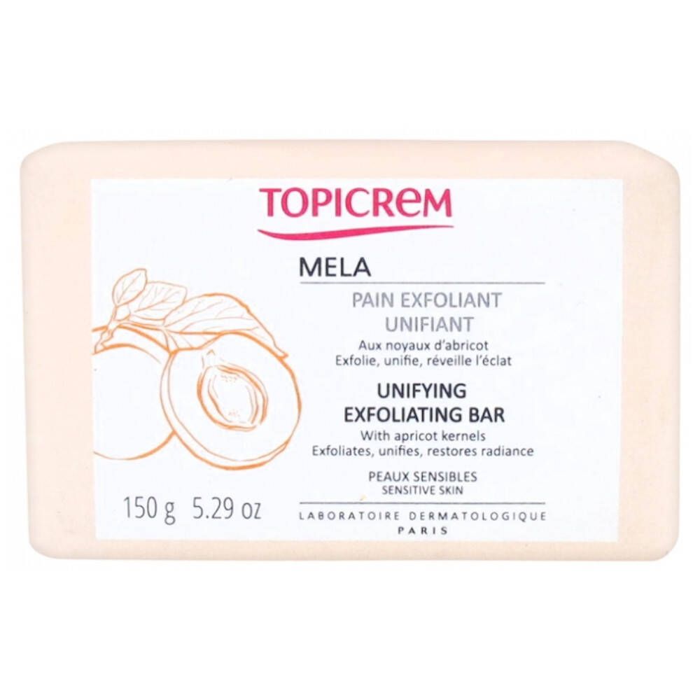 TOPICREM Peeling-Seife. Rechteckige Seife mit Aufdruck. Enthält Aprikosenkerne. Text: "Unifying Exfoliating Bar".