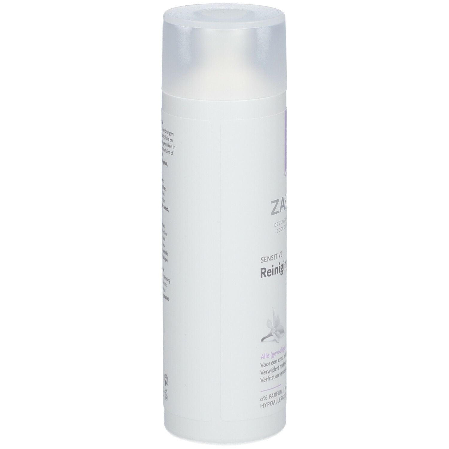ZARQA Sensitive Reinigungstonic. Weiße Flasche mit transparentem Deckel. Seitenansicht. Text nicht lesbar.