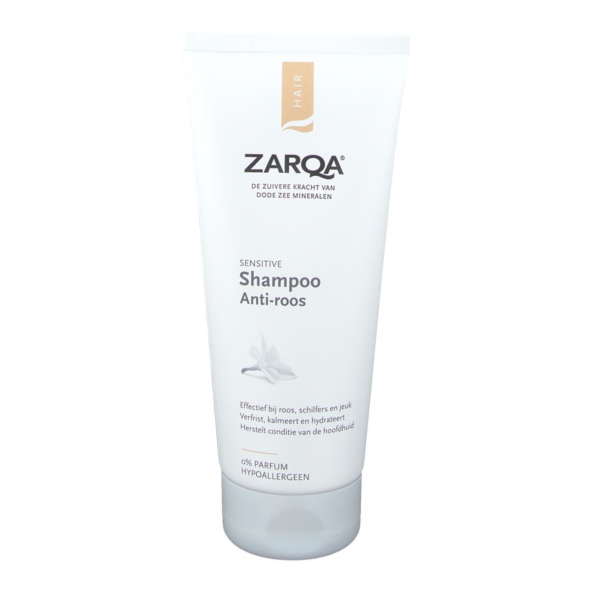 ZARQA Anti-Schuppen-Shampoo. Weiße Tube mit Produktnamen und Logo. Aufschrift 'Sensitive'.