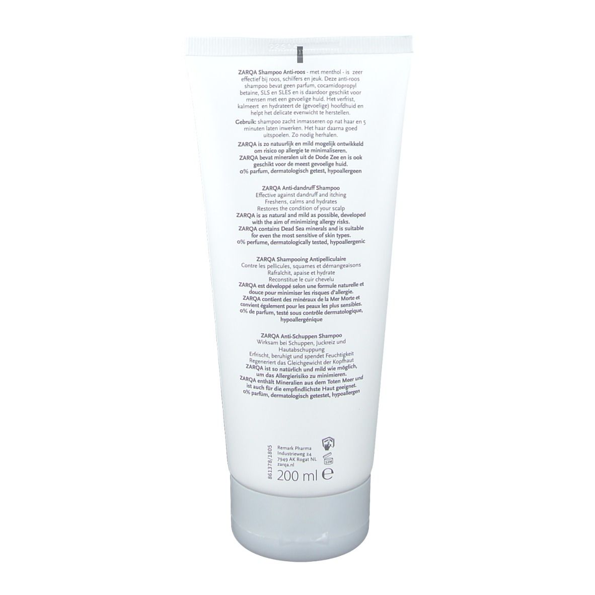 Rückseite der ZARQA Anti-Schuppen-Shampoo Tube. Text in mehreren Sprachen. Volumenangabe: 200 ml.