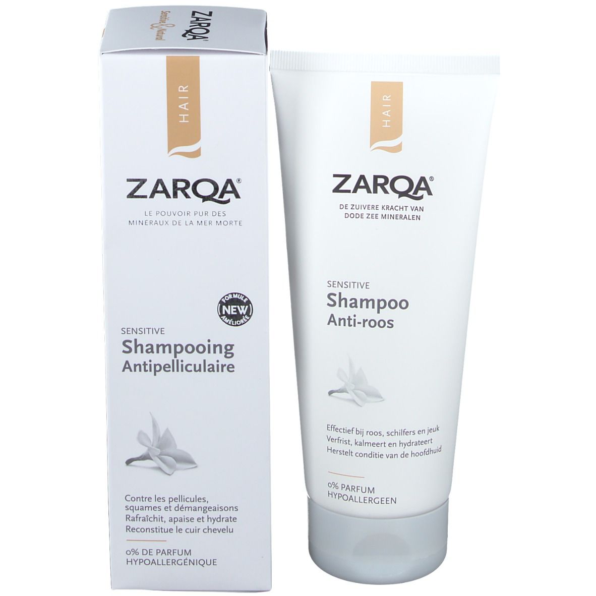 ZARQA Anti-Schuppen-Shampoo und Verpackung. Weiße Tube und Karton mit Produktnamen und Logo.
