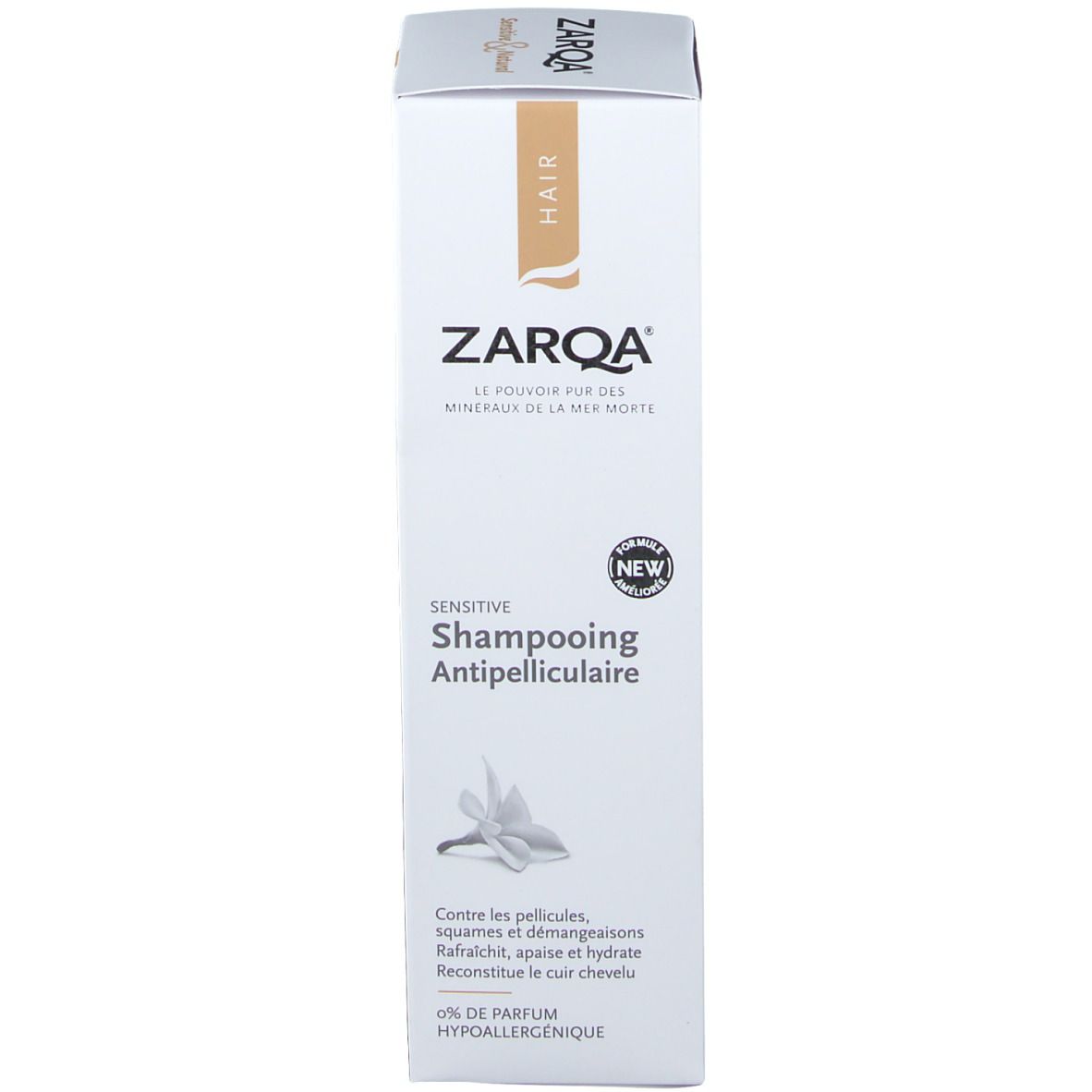 ZARQA Anti-Schuppen-Shampoo Verpackung. Weißer Karton mit Produktnamen und Logo. 'NEW' Aufkleber.