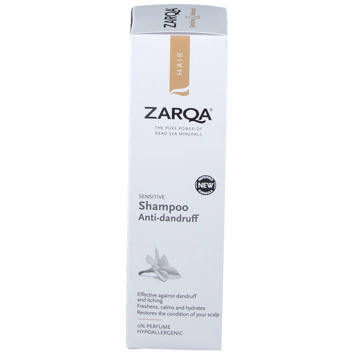 ZARQA Anti-Schuppen-Shampoo Verpackung. Weißer Karton mit Produktnamen und Logo. 'NEW' Aufkleber.