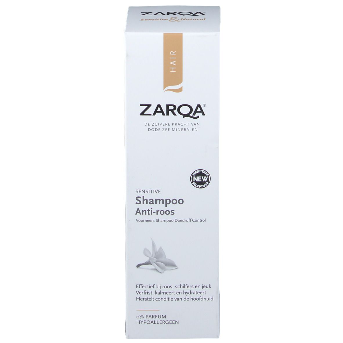 ZARQA Anti-Schuppen-Shampoo Verpackung. Weißer Karton mit Produktnamen und Logo. 'NEW' Aufkleber.