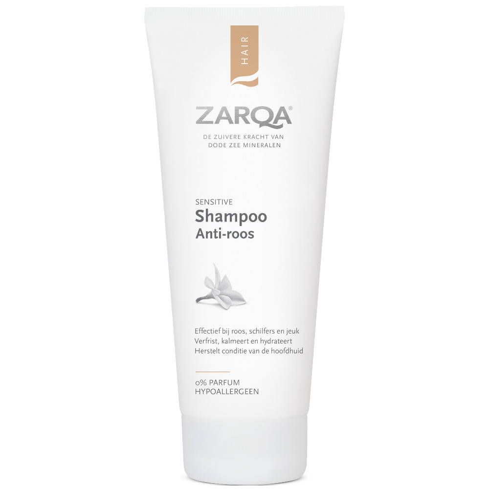 ZARQA Anti-Schuppen-Shampoo. Weiße Tube mit Produktnamen und Logo. Aufschrift 'Sensitive'.
