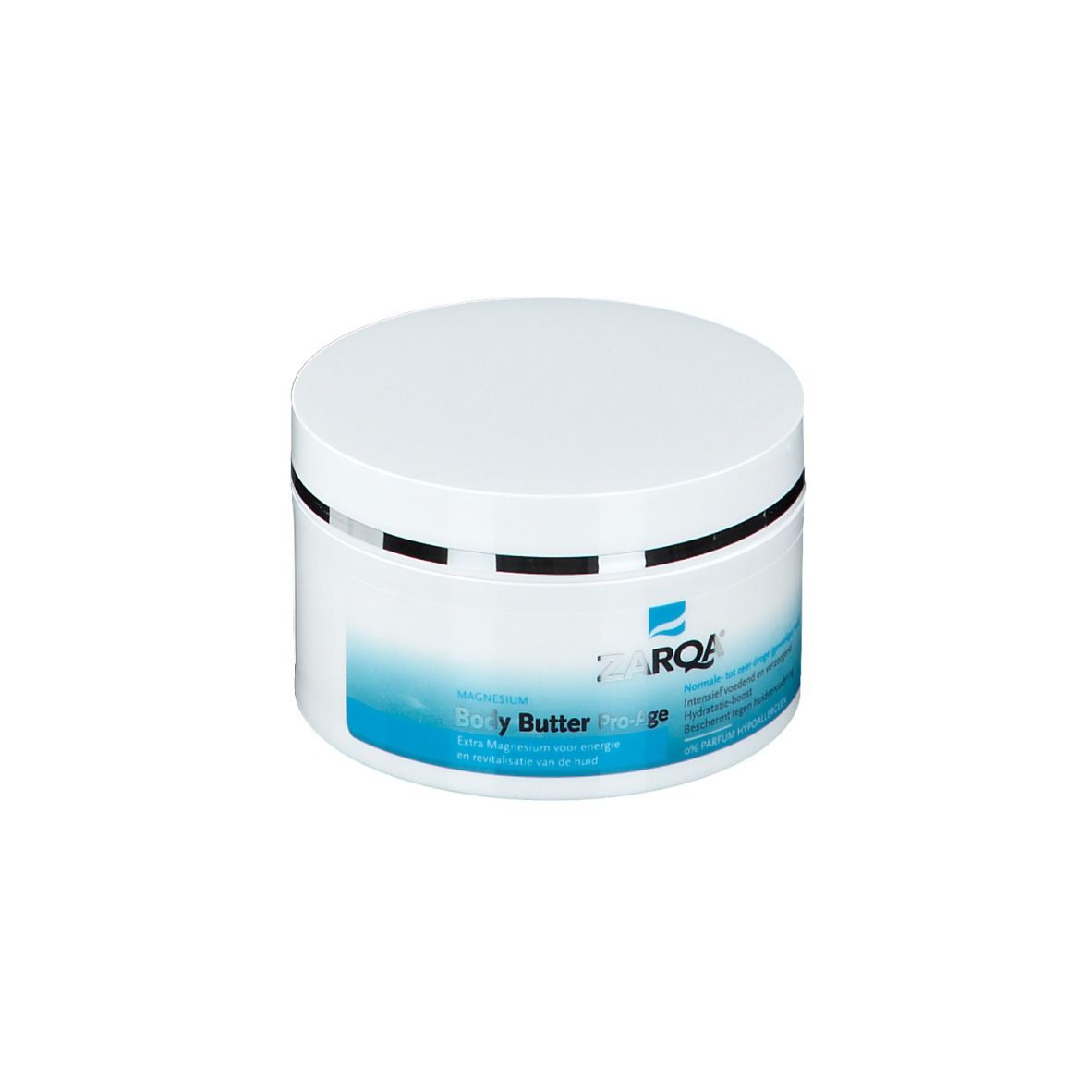 Weißer Tiegel mit blauem Etikett. Aufschrift: ZARQA Body Butter Pro-Age.