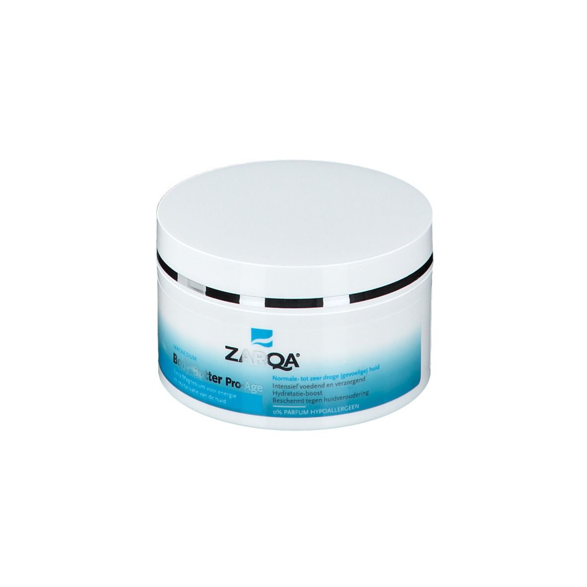 Weißer Tiegel mit blauem Etikett. Aufschrift: ZARQA Body Butter Pro-Age.