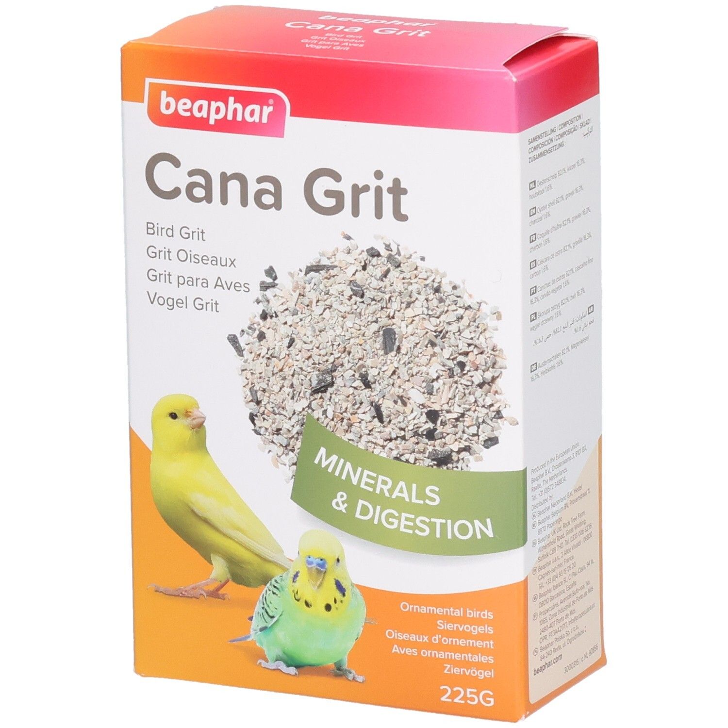 Beaphar Cana Grit-Verpackung. Aufdruck: Vogelfutter, Mineralien & Verdauung. Abbildung: gelber und grüner Vogel. 225g.