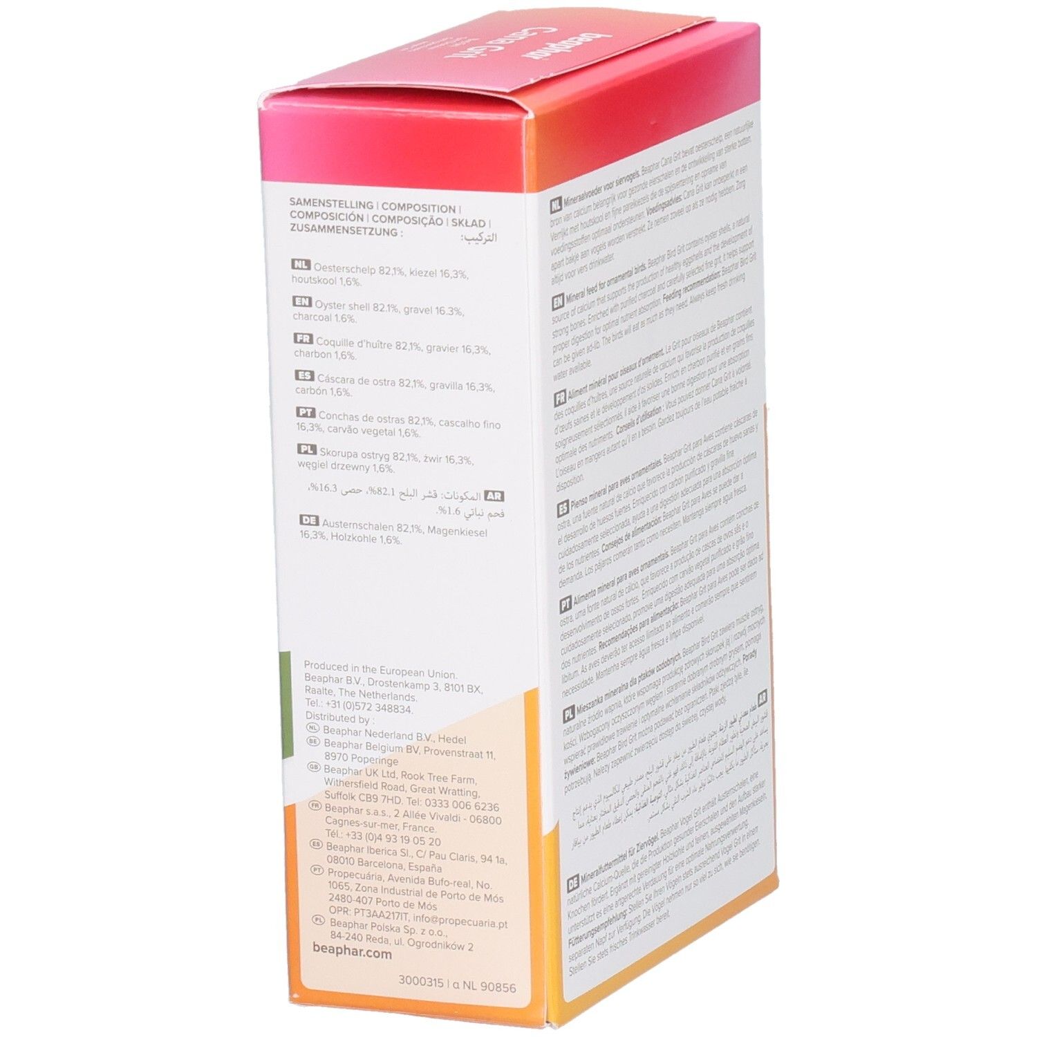 Beaphar Cana Grit-Verpackung, Seitenansicht. Text: Zusammensetzung. Abbildung: gelber und grüner Vogel. 225g.