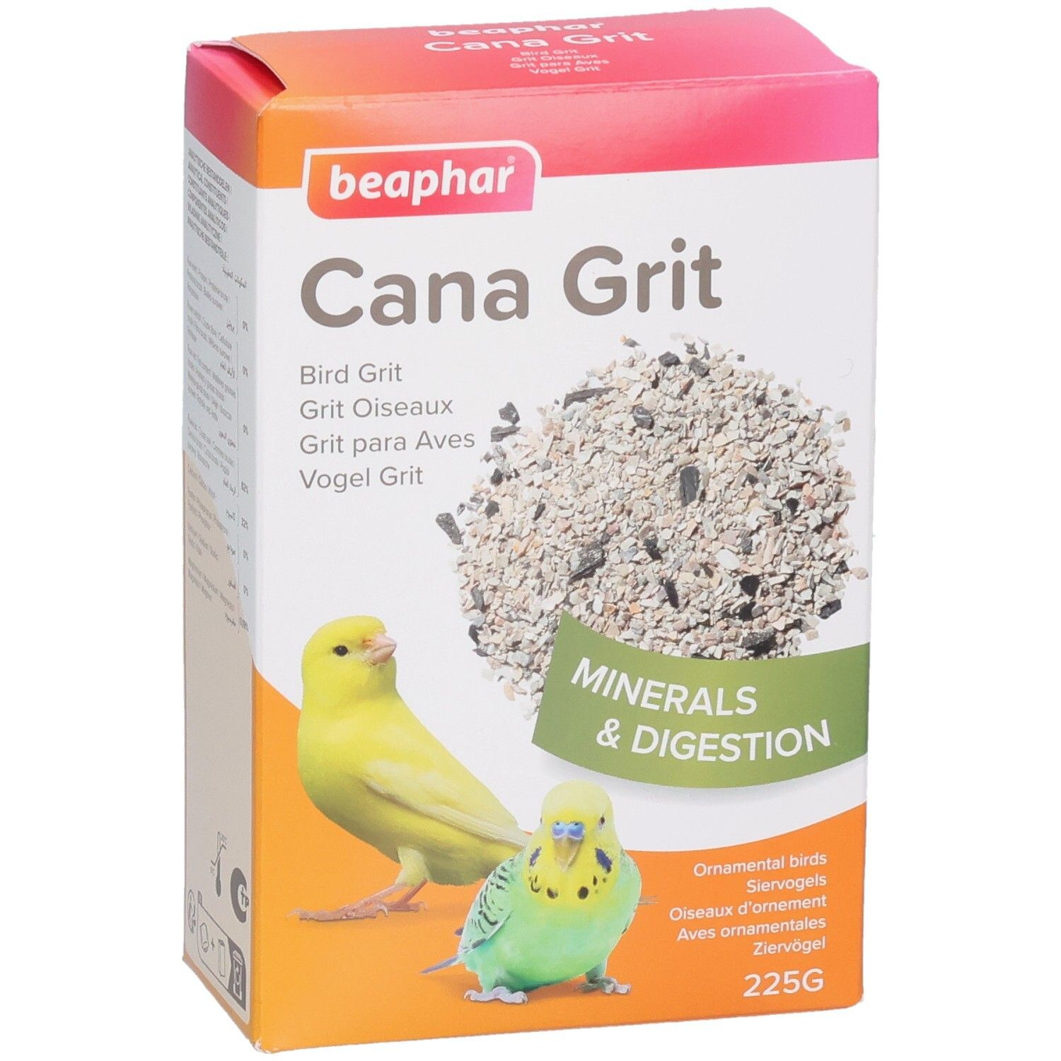 Beaphar Cana Grit-Verpackung. Aufdruck: Vogelfutter, Mineralien & Verdauung. Abbildung: gelber und grüner Vogel. 225g.