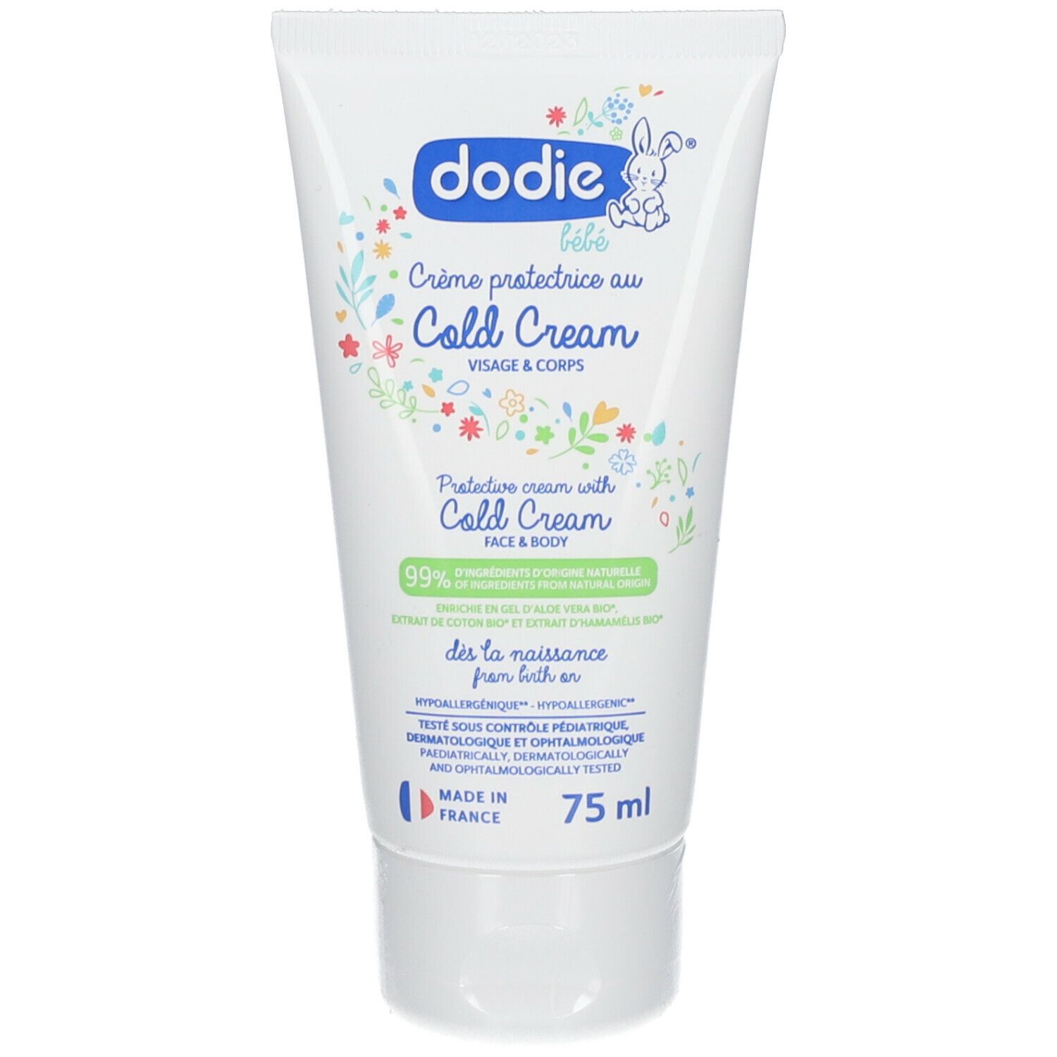 Weiße Tube mit dodie®-Logo und Produktbezeichnung. Enthält Cold Cream für Gesicht und Körper. 75 ml.
