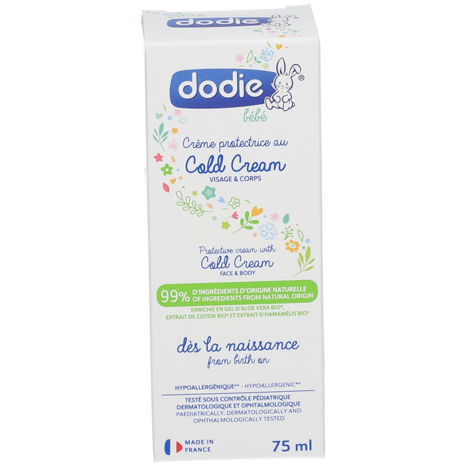 Weiße Schachtel mit dodie®-Logo und Produktbezeichnung. Enthält Cold Cream für Gesicht und Körper. 75 ml.