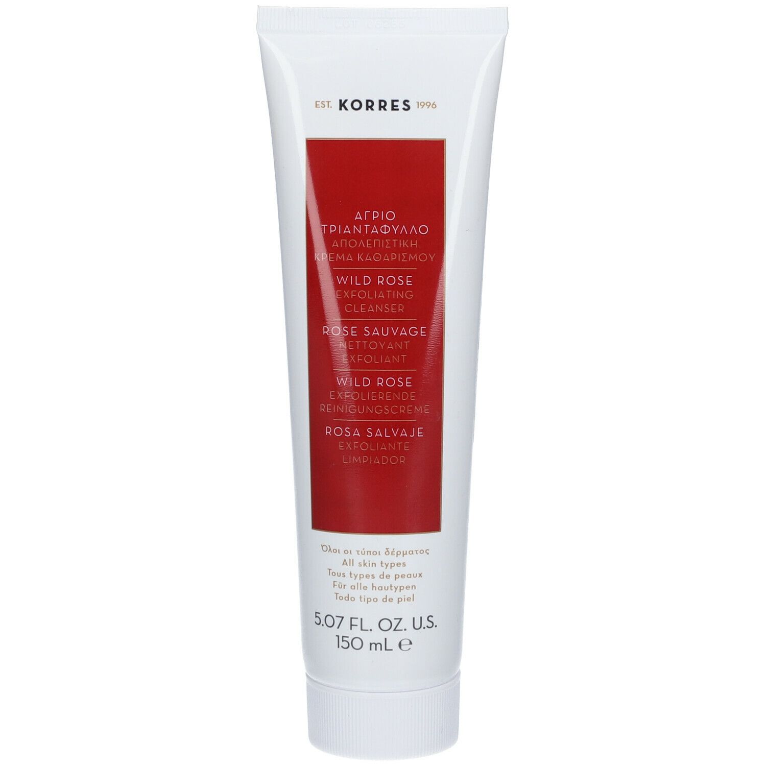 Weiße Tube mit rotem Feld. Text: KORRES, Wild Rose Exfoliating Cleanser. 150 ml.