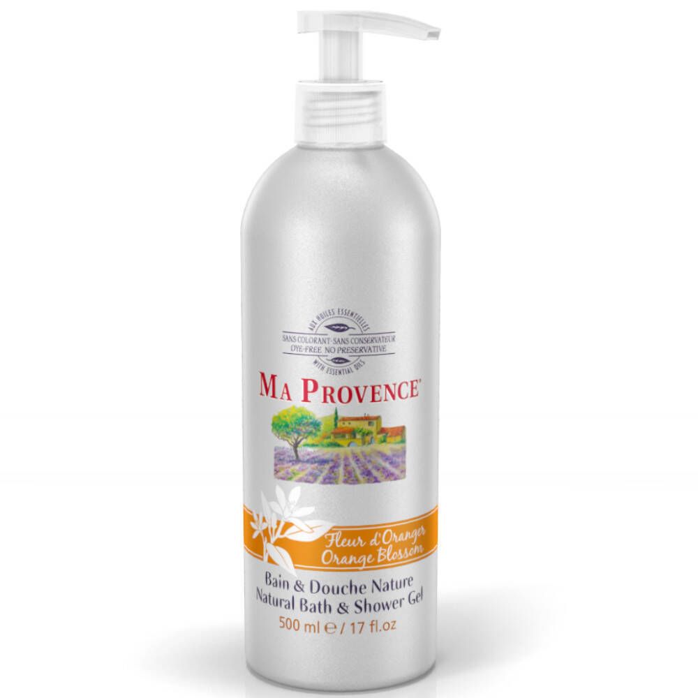 Silberne Flasche mit Pumpverschluss. Aufschrift: MA PROVENCE, Orangenblüte, Duschgel. 500 ml.