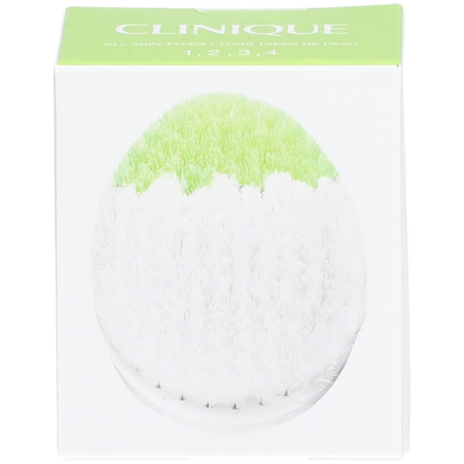 Verpackung mit rundem Bürstenkopf. Marke CLINIQUE. Grüner Deckel. Für Hauttypen 1, 2, 3, 4.