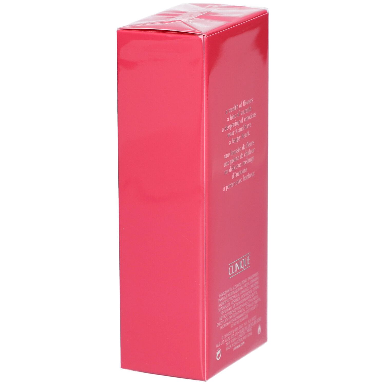 Seitenansicht der rosa Verpackung mit Text. Clinique Happy Heart Parfum Spray.