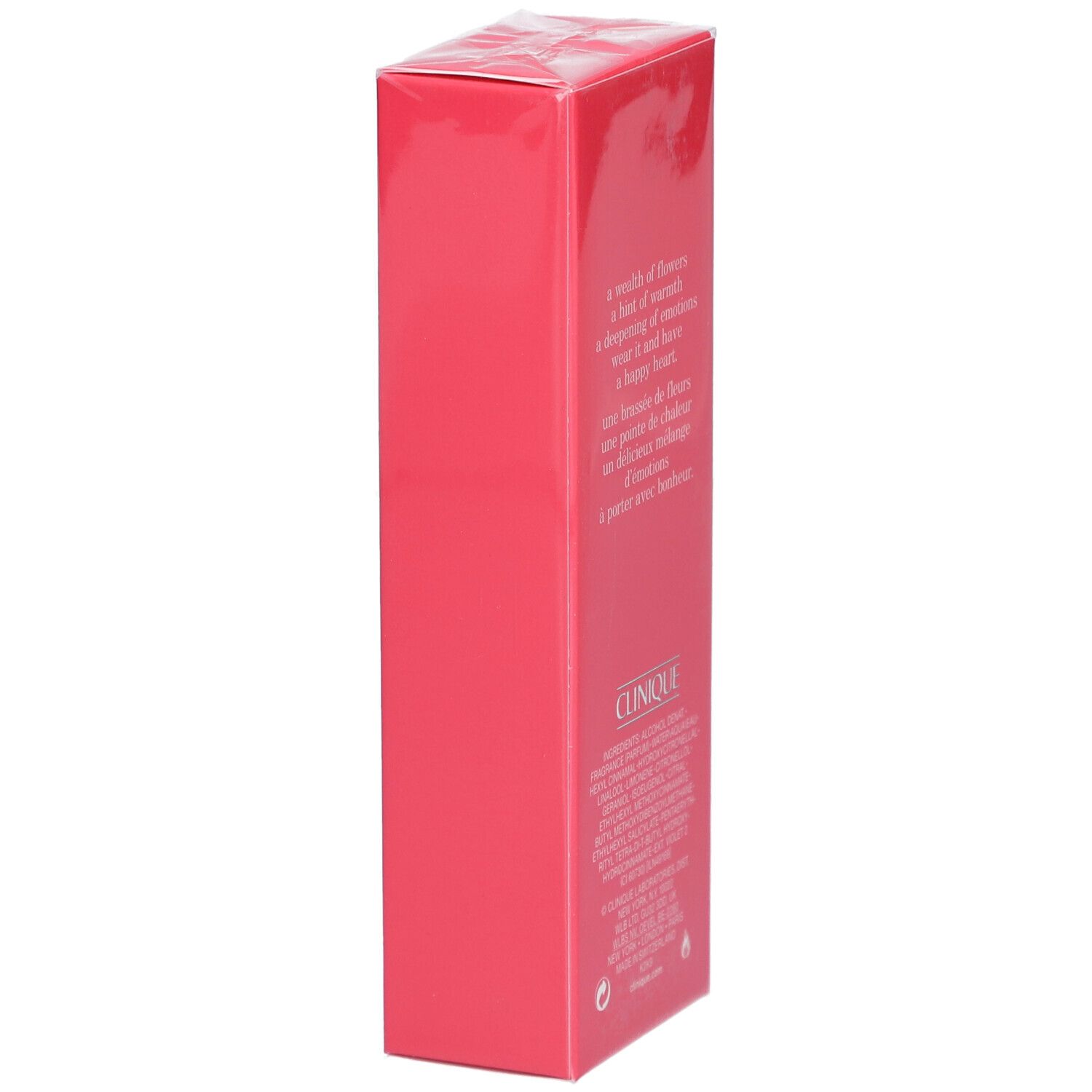 Seite der rosa Verpackung "Clinique Happy Heart". Text und Logo. 1.7 FL.OZ.LIQ./50 ml.