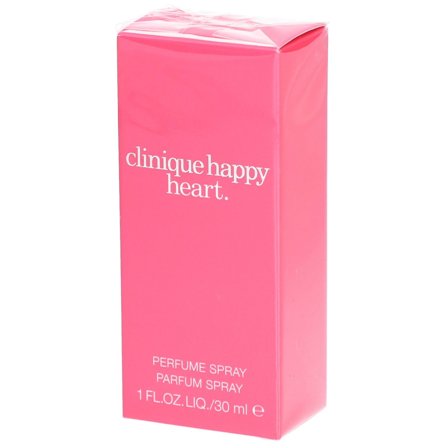 Rosa Verpackung von Clinique Happy Heart. Aufschrift: Parfum Spray. 1 FL.OZ.LIQ./30 ml e.