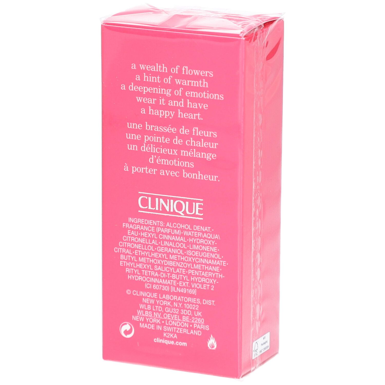 Rückseite der rosa Clinique Happy Heart Verpackung. Text in Englisch und Französisch. Inhaltsstoffe.