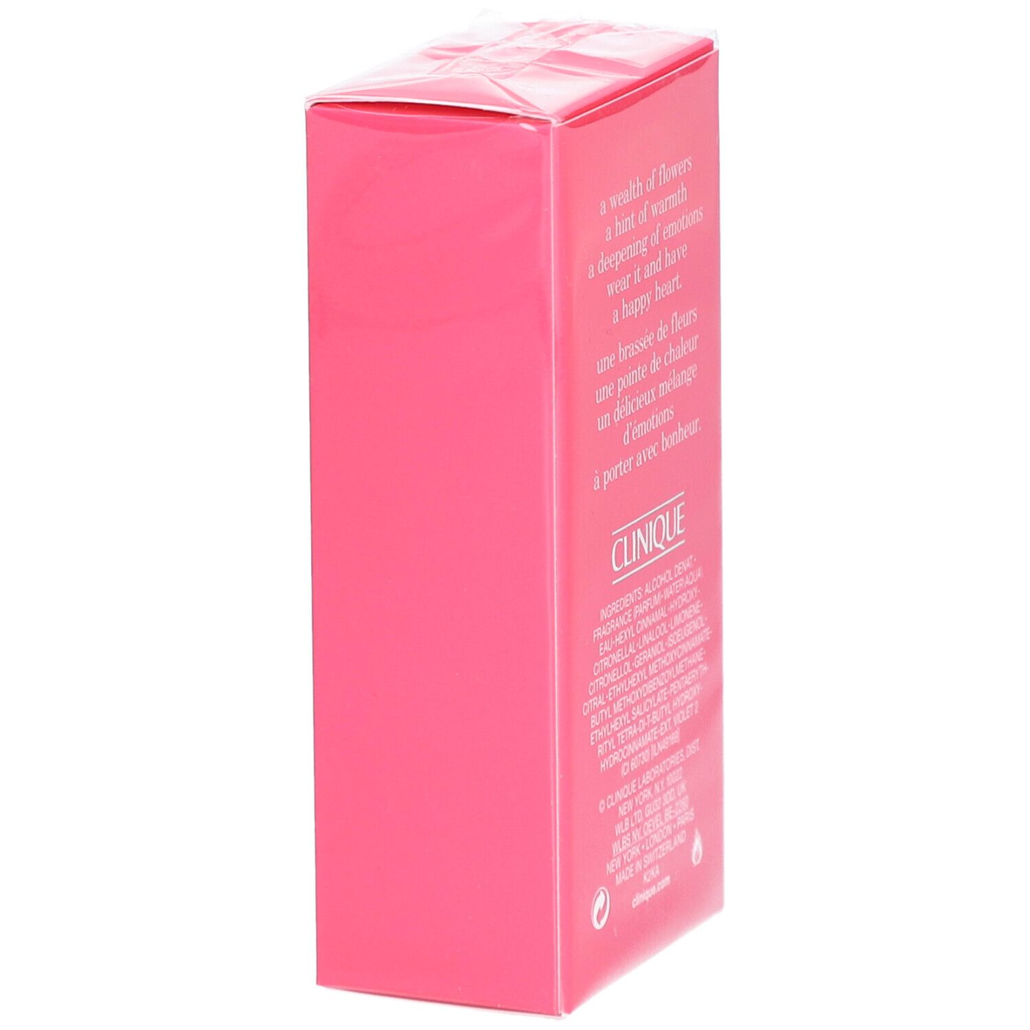 Seite der rosa Clinique Happy Heart Verpackung. Text in Englisch und Französisch. Inhaltsstoffe.