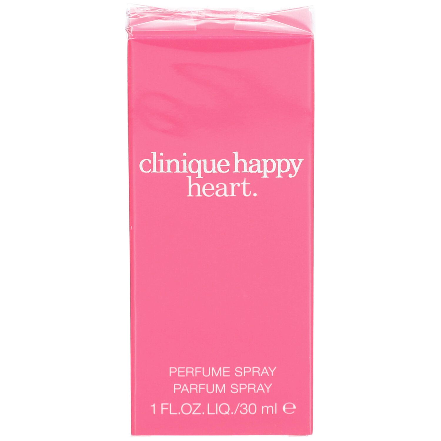 Rosa Verpackung von Clinique Happy Heart. Aufschrift: Parfum Spray. 1 FL.OZ.LIQ./30 ml e.