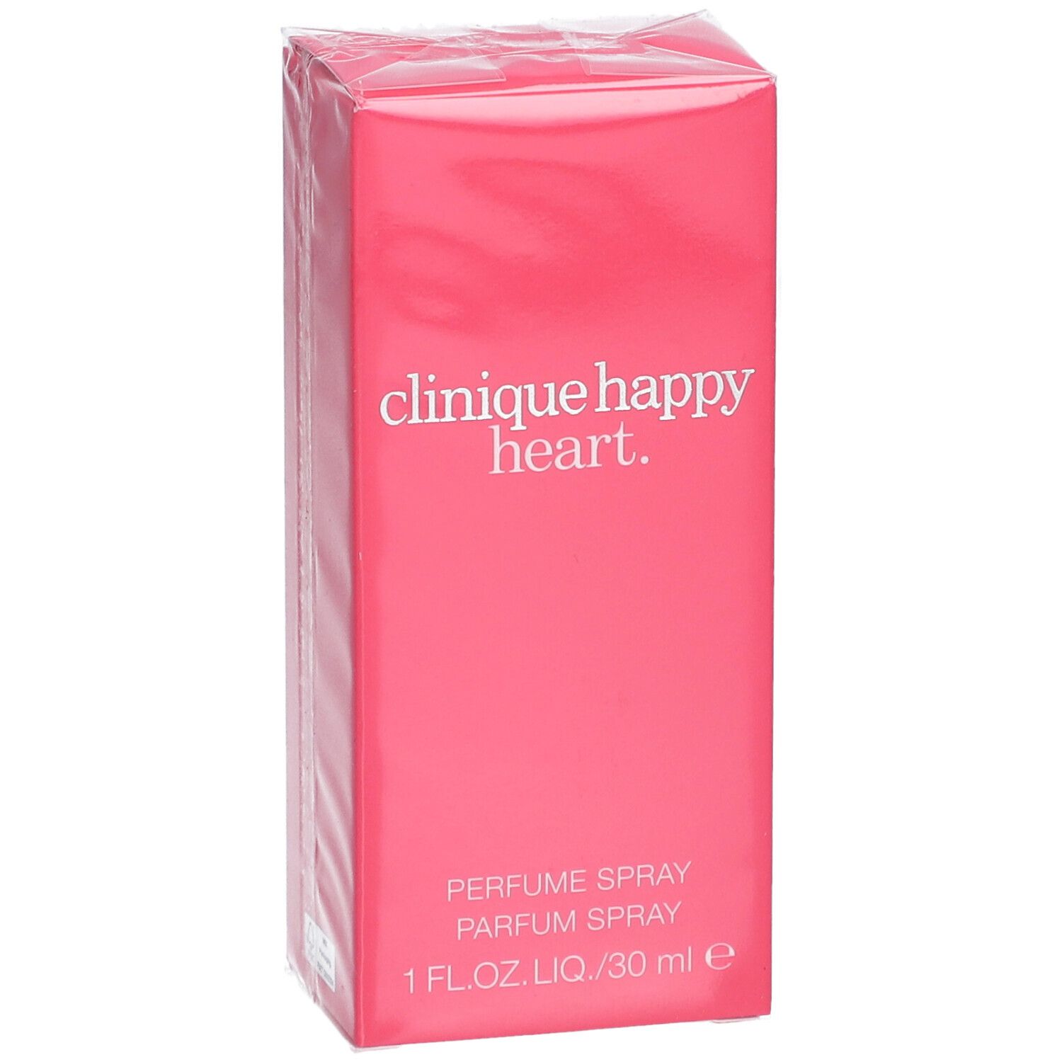 Rosa Verpackung von Clinique Happy Heart. Aufschrift: Parfum Spray. 1 FL.OZ.LIQ./30 ml e.