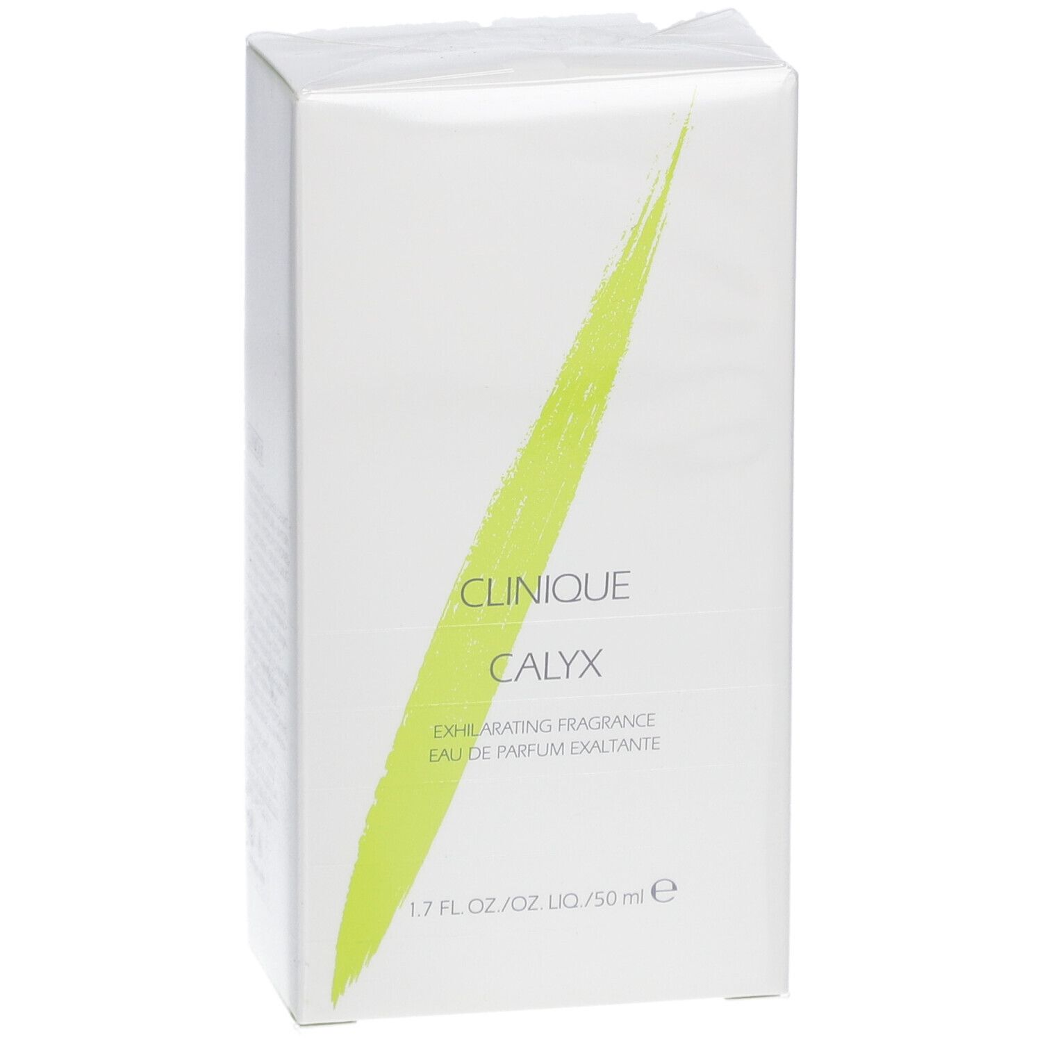 Weiße Verpackung mit grünem Strich. Aufschrift: Clinique Calyx Eau de Parfum Spray. 1.7 fl. oz./oz. liq./50 ml e.