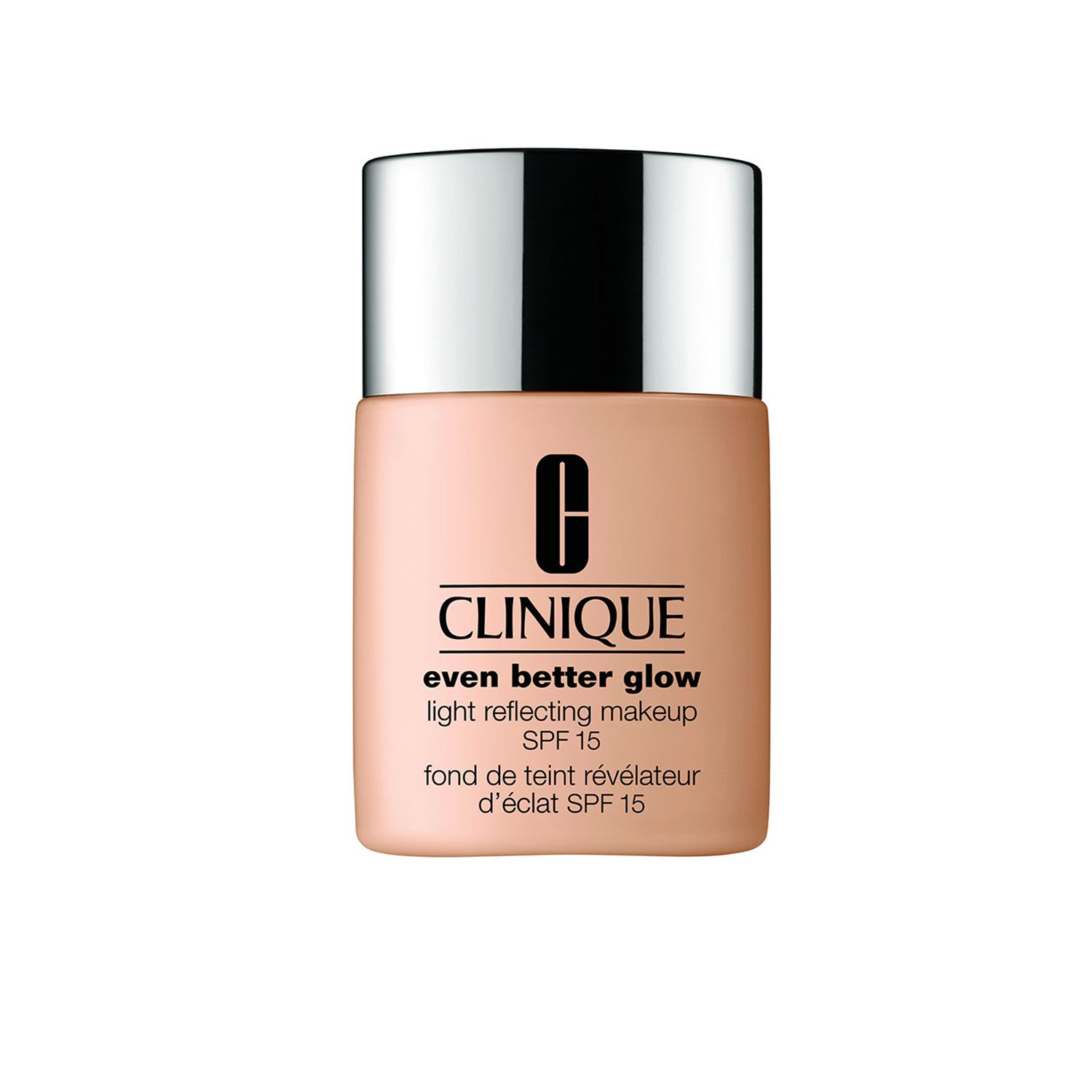 Beige Flasche mit silbernem Deckel. Aufschrift: Clinique Even Better Glow Light Reflecting Makeup SPF 15.