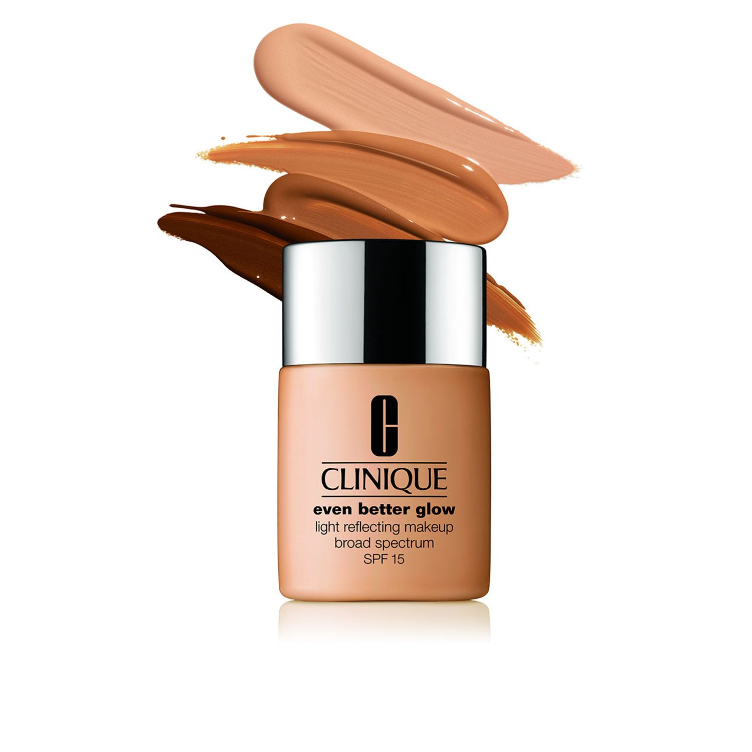 Flasche Foundation mit Farbtönen. Aufschrift: Clinique Even Better Glow Light Reflecting Makeup SPF 15.