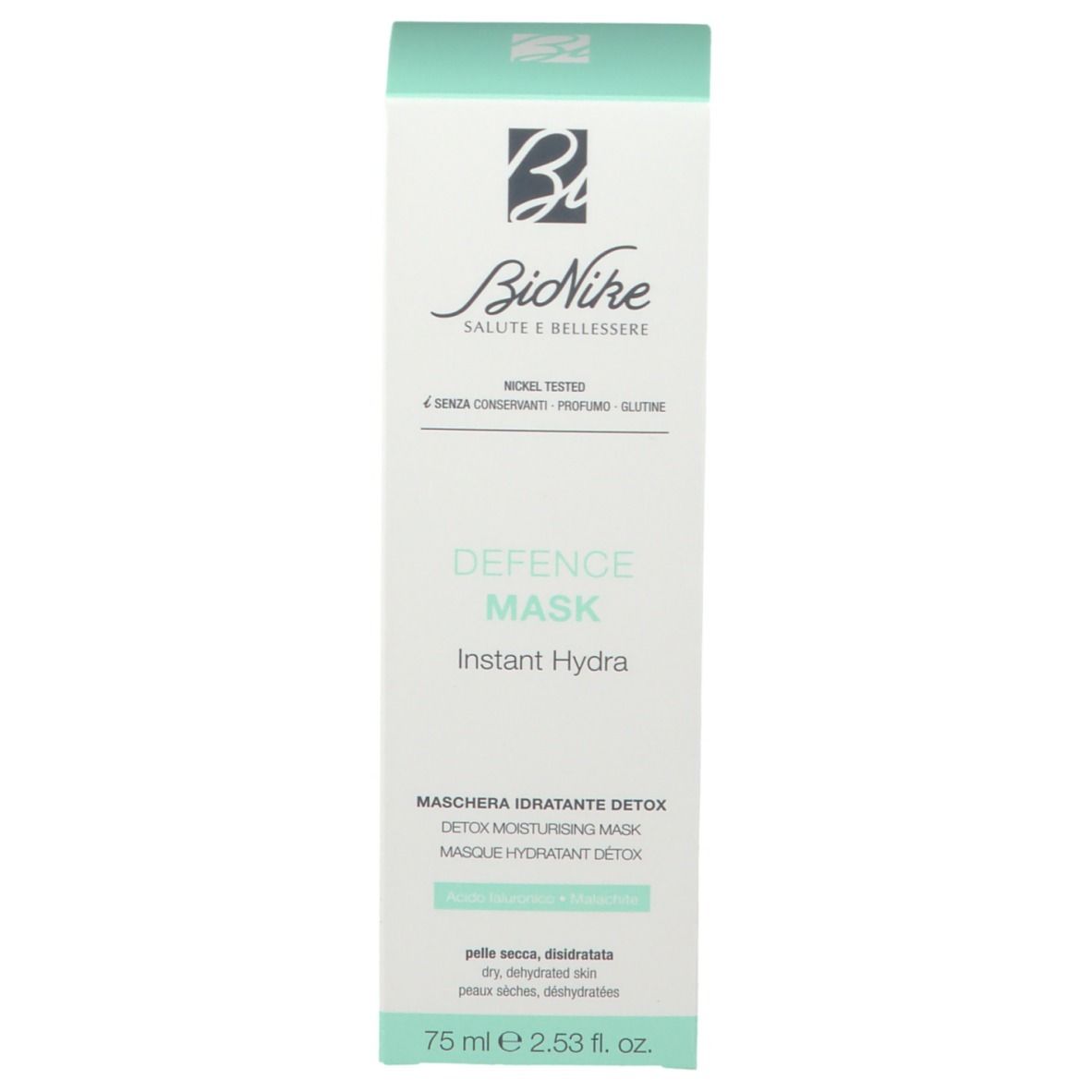 Schachtel, weiß mit türkisen Akzenten. Schriftzug: DEFENCE MASK Instant Hydra. Marke: BioNike. Text: Detox Moisturising Mask.