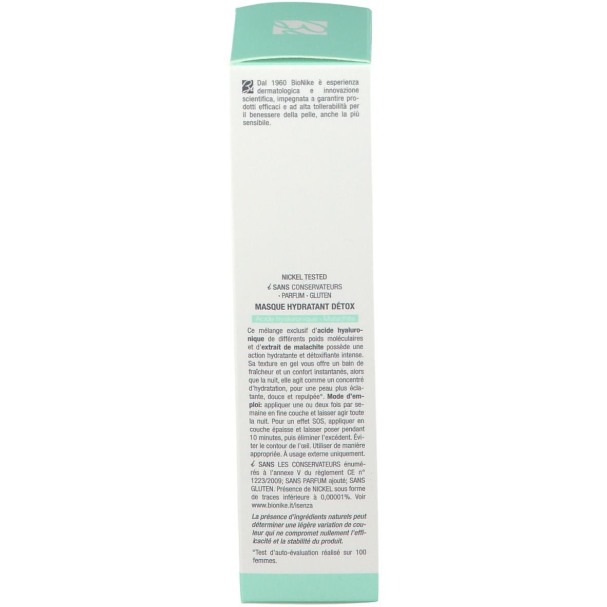 Schachtel, weiß mit türkisen Akzenten. Text und Logo von BioNike. Produktinformationen und Inhaltsstoffe.
