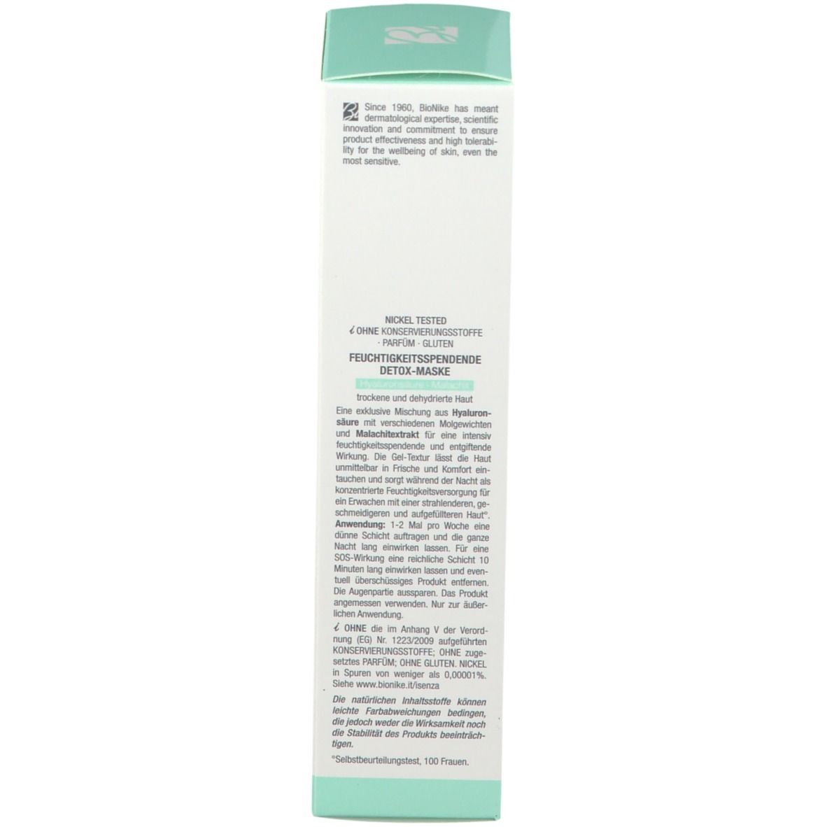 Schachtel, weiß mit türkisen Akzenten. Text und Logo von BioNike. Produktinformationen und Inhaltsstoffe.