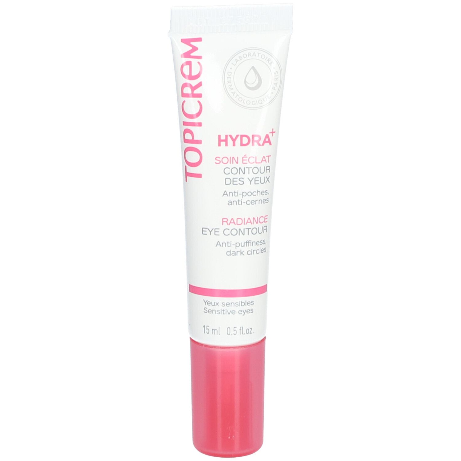 Topicrem Hydra+ Radiance Augenkonturpflege Tube. Weiß, rosa Kappe. Text: Hydra+, Augenpflege, Anti-Puffiness, Anti-Dark Circles.