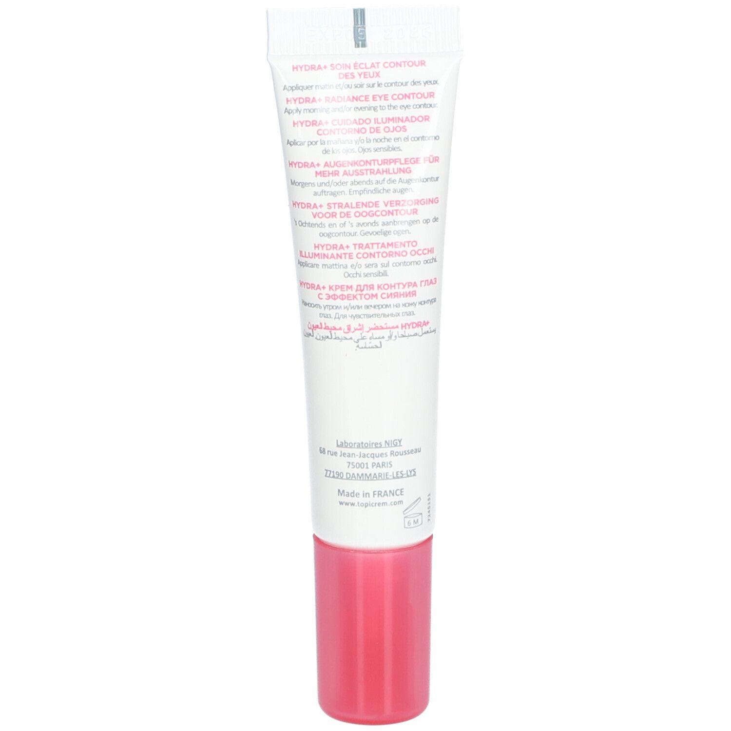 Rückseite der Topicrem Hydra+ Radiance Augenkonturpflege Tube. Text in mehreren Sprachen. Rosa Kappe.