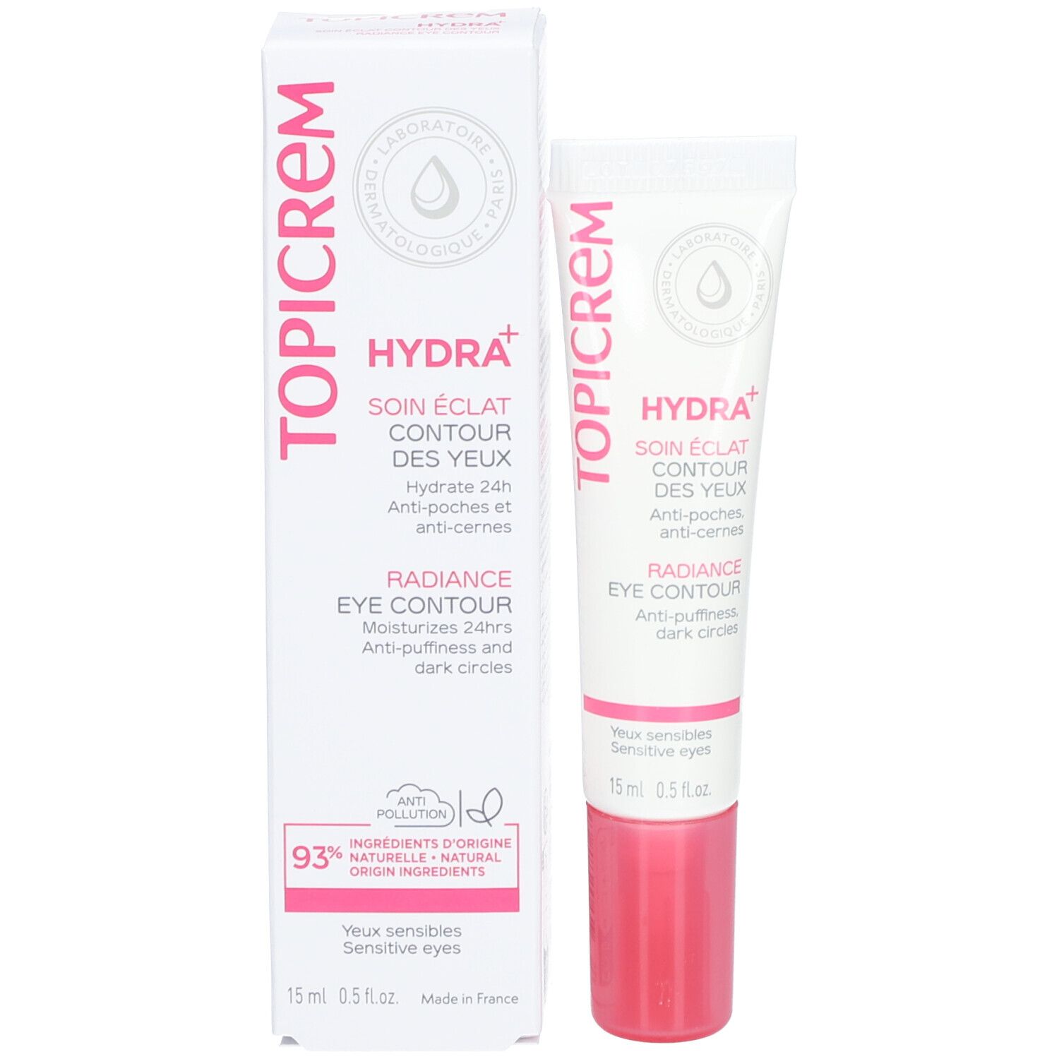Topicrem Hydra+ Radiance Augenkonturpflege Tube und Verpackung. Weiß, rosa. Text: Hydra+, Augenpflege, Anti-Puffiness, Anti-Dark Circles.