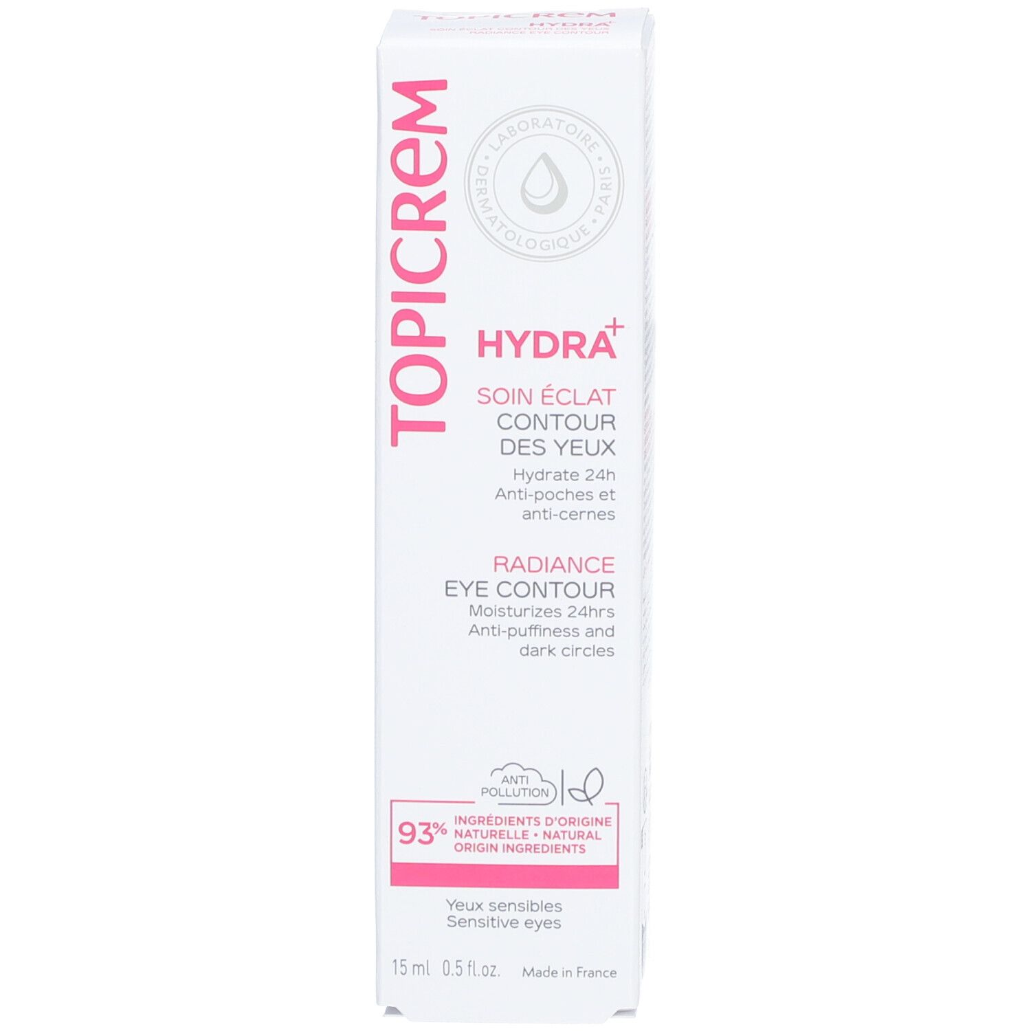 Topicrem Hydra+ Radiance Augenkonturpflege Verpackung. Weiß, rosa. Text: Hydra+, Augenpflege, Anti-Puffiness, Anti-Dark Circles.