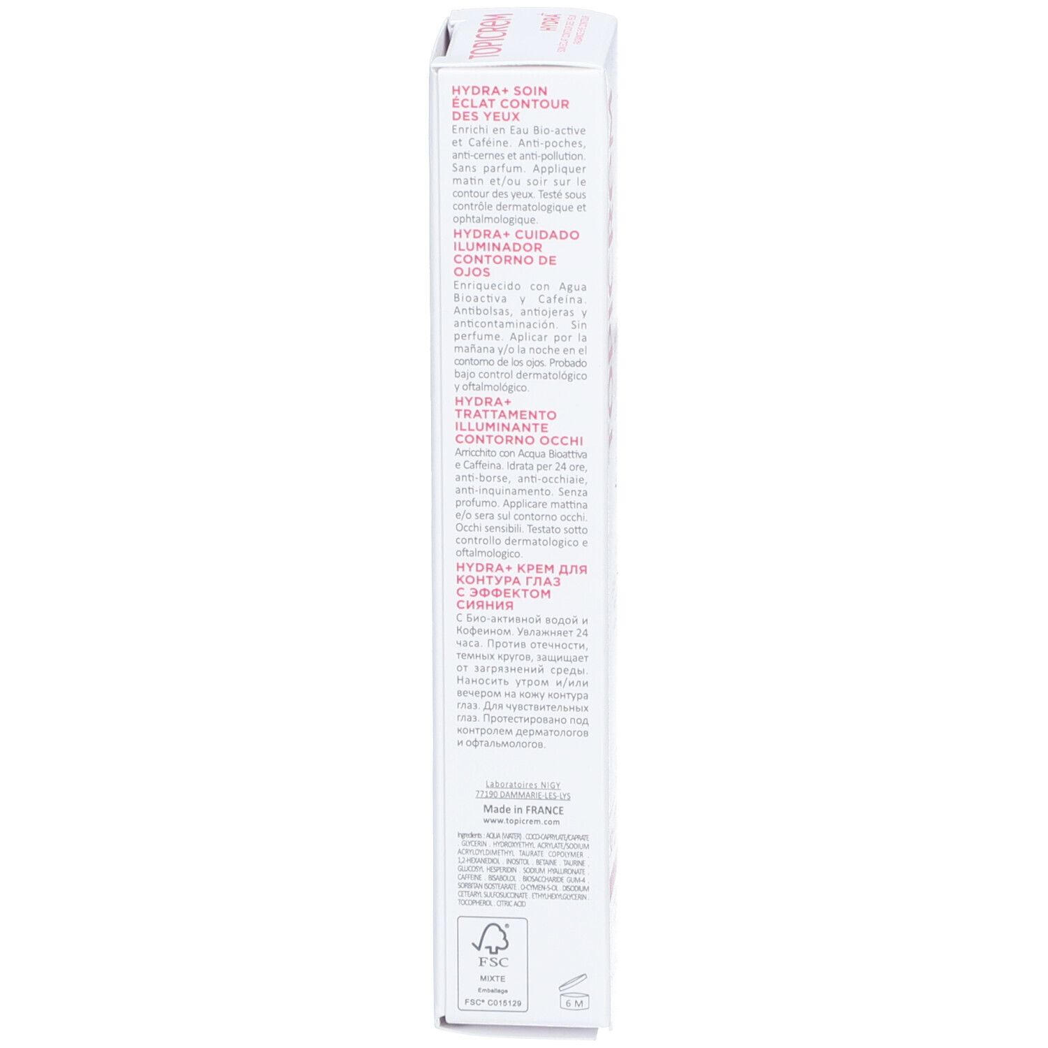 Topicrem Hydra+ Radiance Augenkonturpflege Verpackung, Seite. Weiß, rosa. Text: Hydra+, Augenpflege, Inhaltsstoffe, Anwendung.