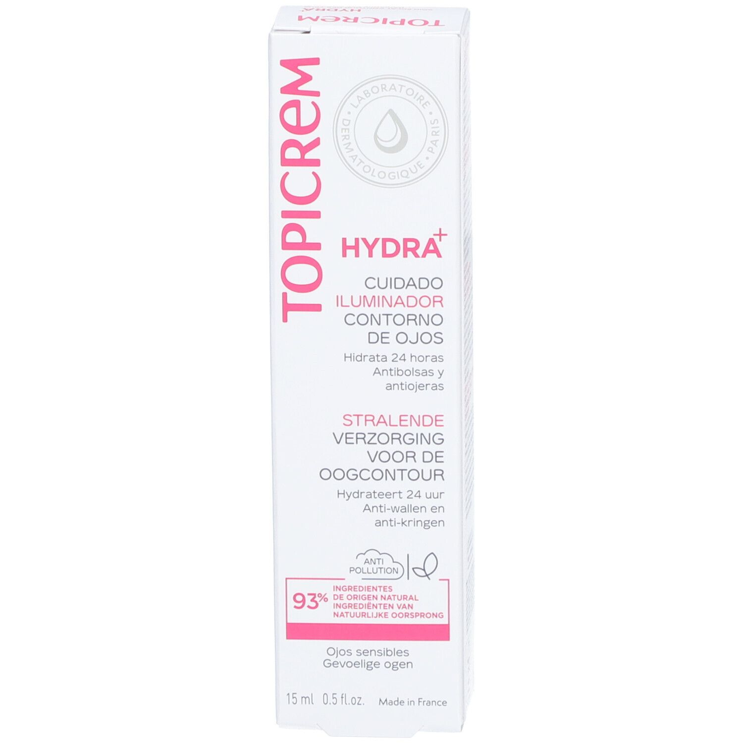 Topicrem Hydra+ Radiance Augenkonturpflege Verpackung, Seite. Weiß, rosa. Text: Hydra+, Augenpflege, Inhaltsstoffe, Anwendung.
