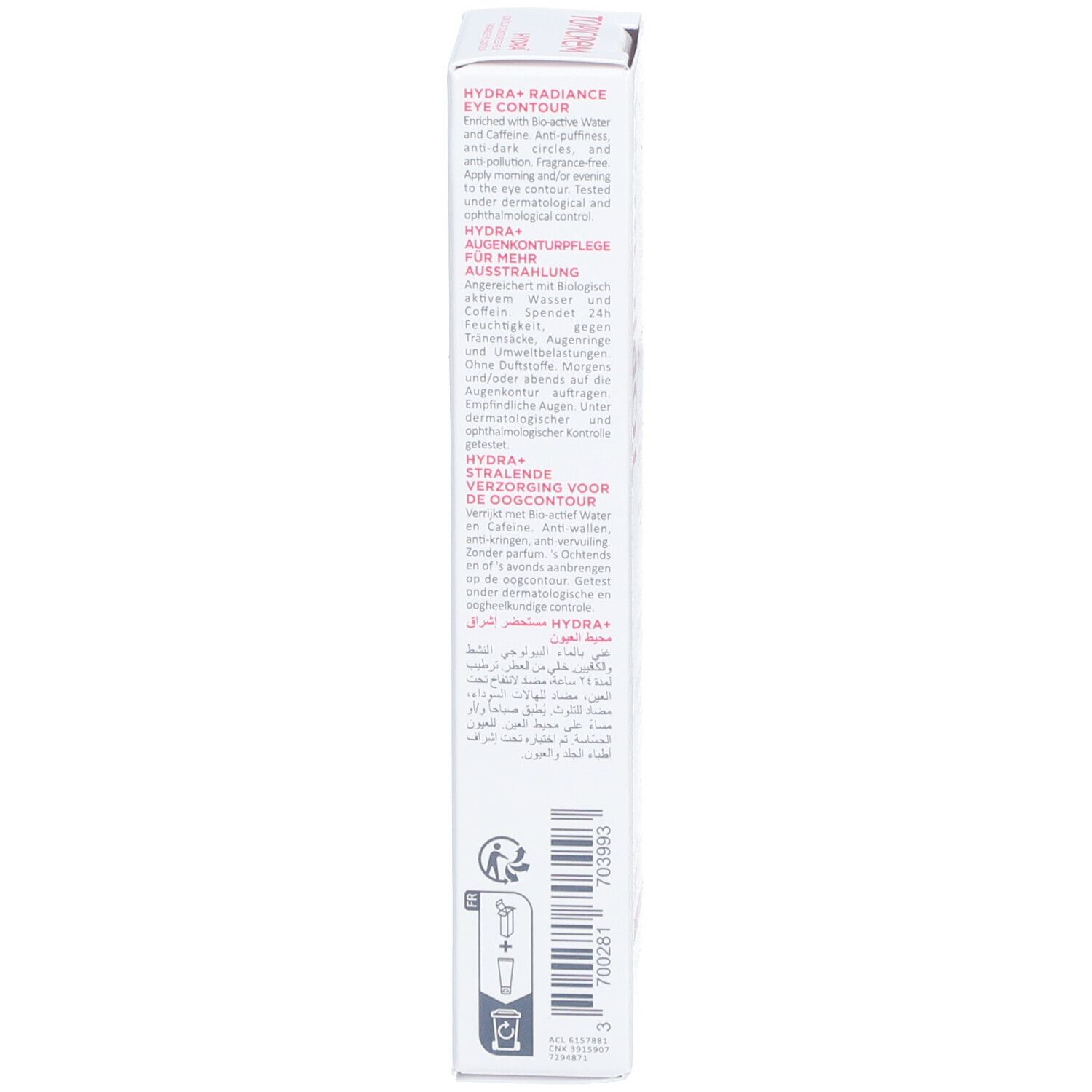 Topicrem Hydra+ Radiance Augenkonturpflege Verpackung, Seite. Weiß, rosa. Text: Hydra+, Augenpflege, Inhaltsstoffe, Anwendung.