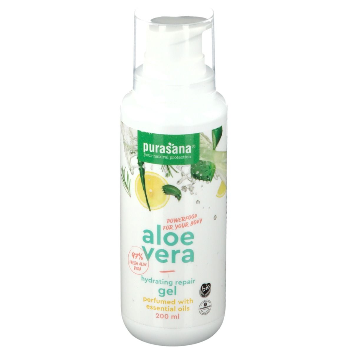 Weiße Flasche mit Pumpverschluss. Aufschrift: purasana® Aloe Vera Gel, 97% Aloe Vera. Mit Bio-Ölen.