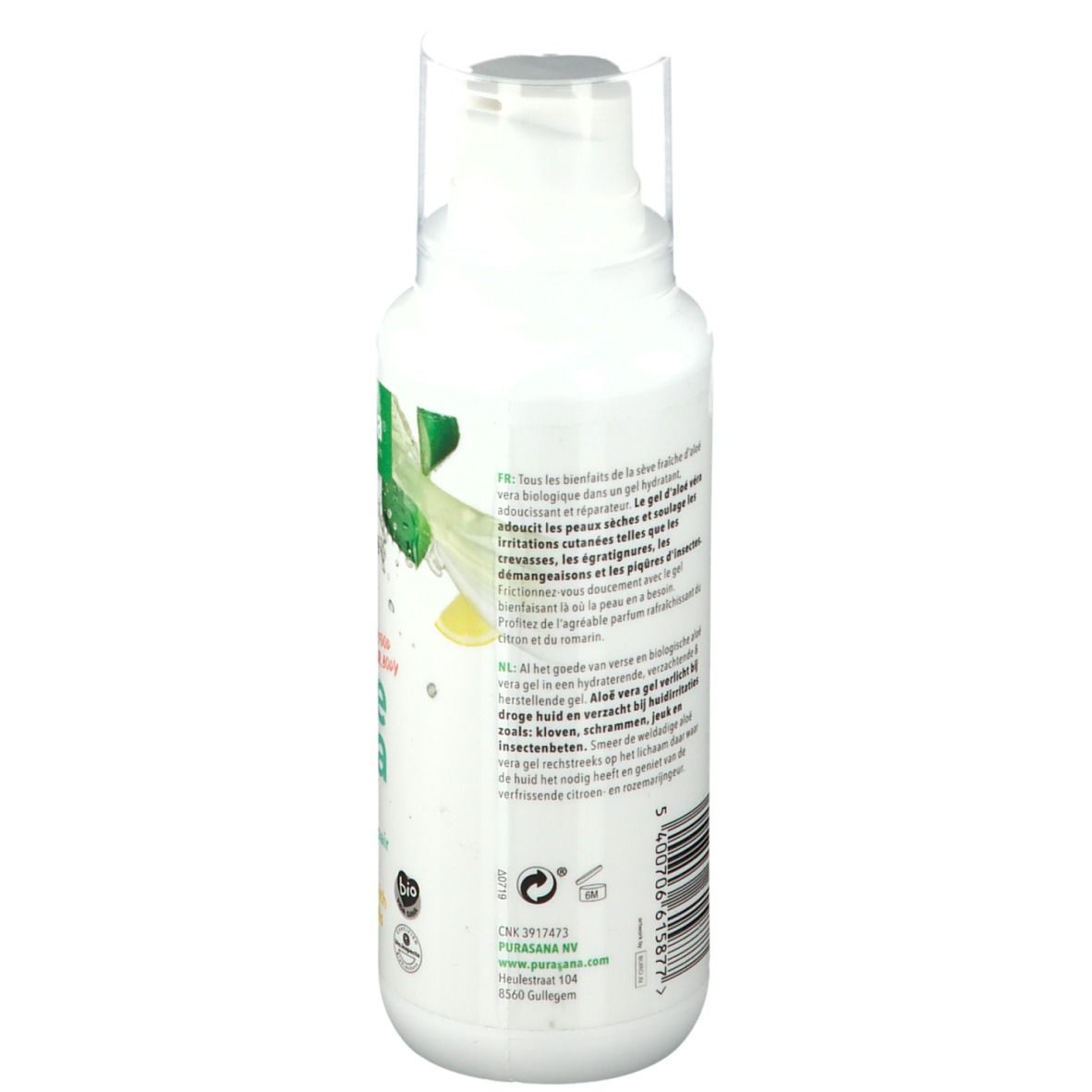 Rückseite der weißen Flasche. Text in mehreren Sprachen. Aufschrift: purasana® Aloe Vera Gel. Mit Bio-Ölen.