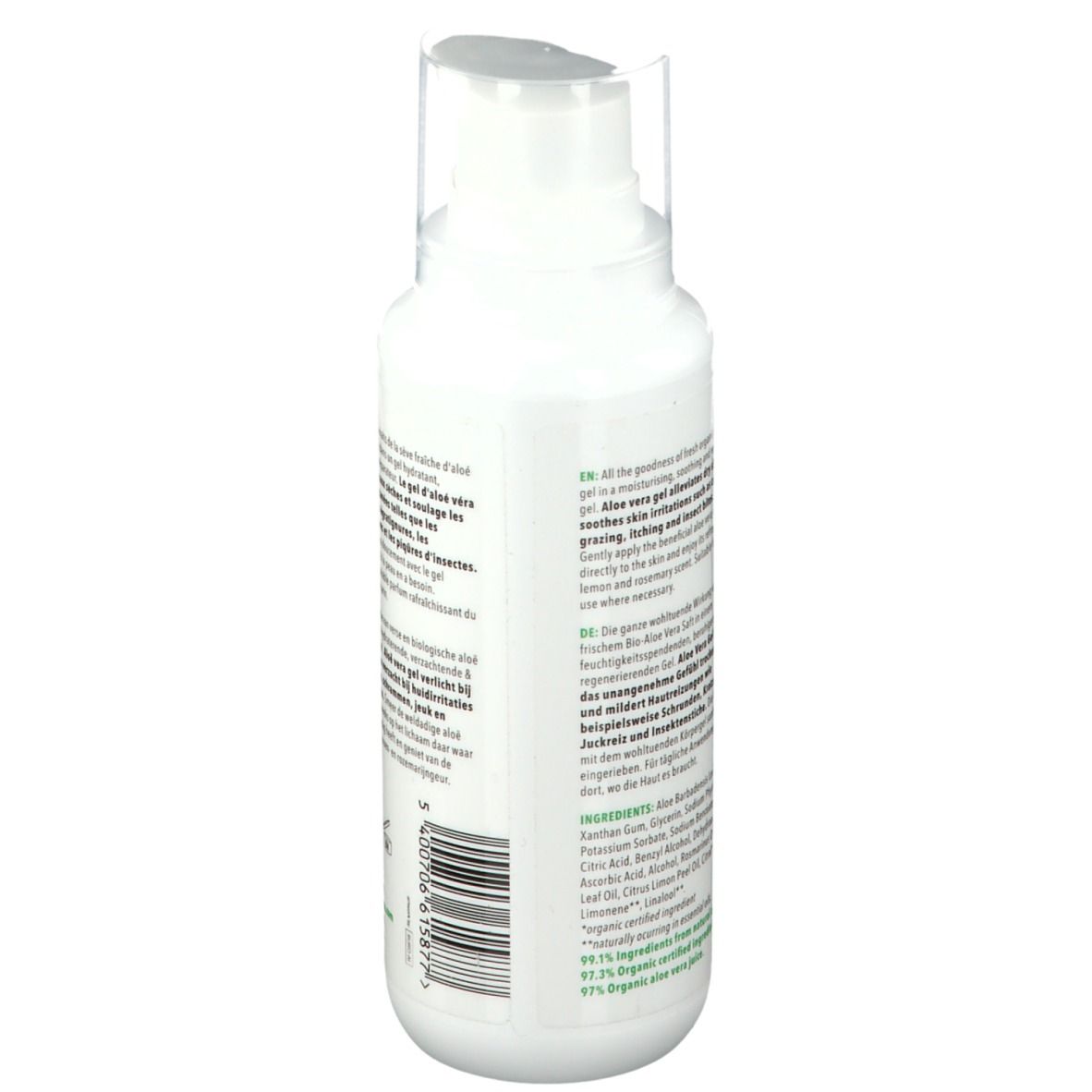 Rückseite der weißen Flasche. Text in mehreren Sprachen. Aufschrift: purasana® Aloe Vera Gel. Mit Bio-Ölen.