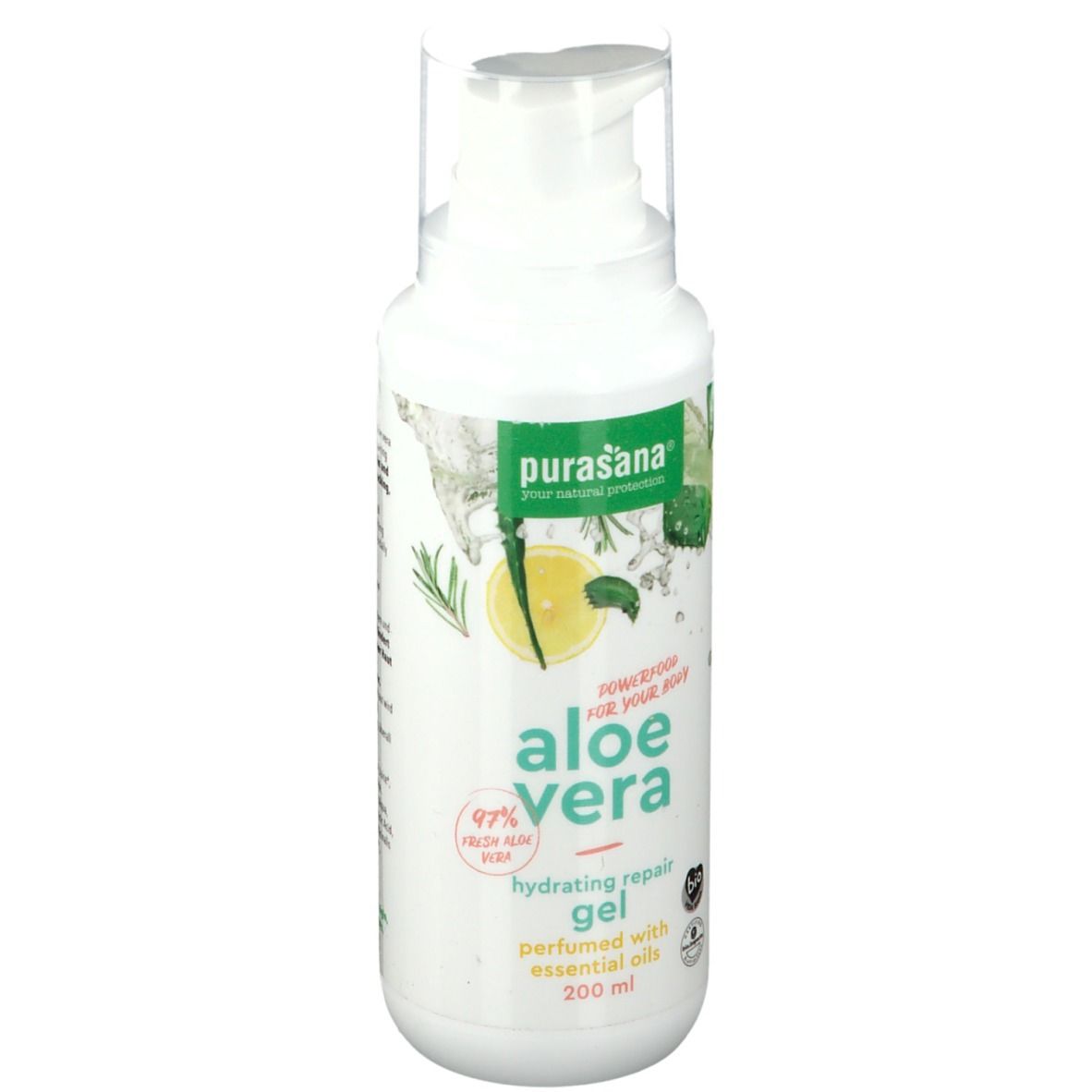 Weiße Flasche mit Pumpverschluss. Aufschrift: purasana® Aloe Vera Gel, 97% Aloe Vera. Mit Bio-Ölen.