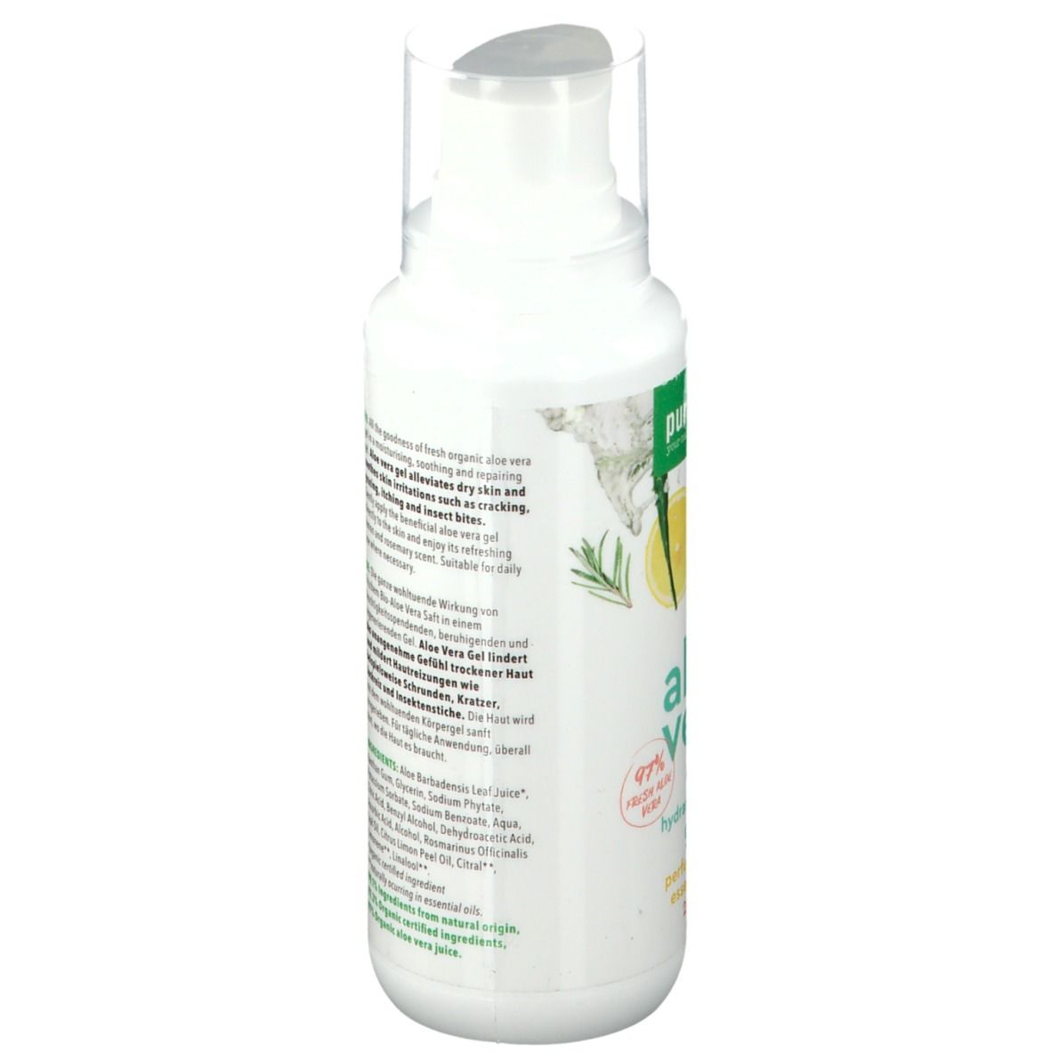 Rückseite der weißen Flasche. Text in mehreren Sprachen. Aufschrift: purasana® Aloe Vera Gel. Mit Bio-Ölen.