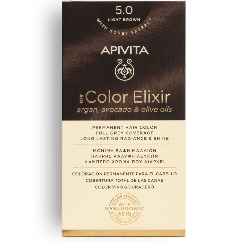 Haarfarbe-Box. Aufschrift: APIVITA, 5.0 Light Brown. Enthält Honigextrakt, Argan-, Avocado- und Olivenöle. Permanente Haarfarbe.