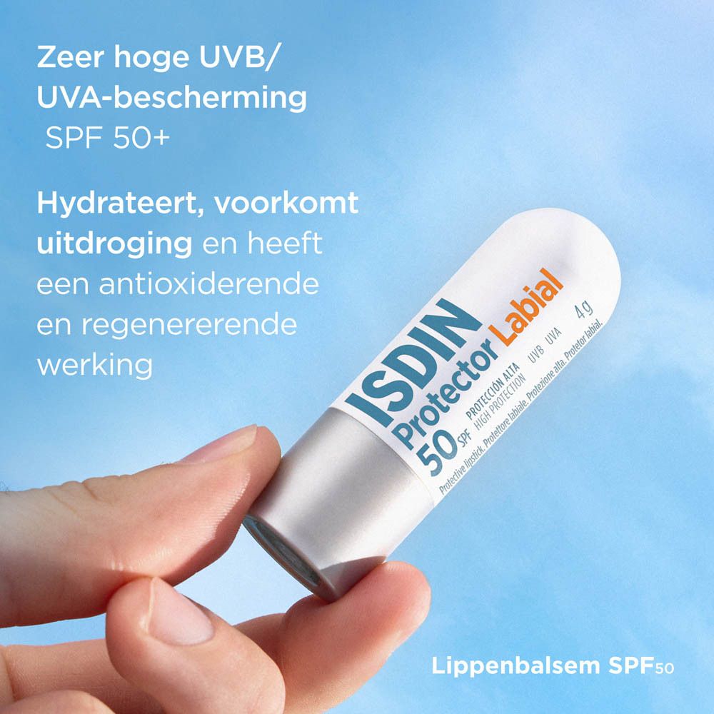 Lippenbalsam-Stift ISDIN Protector Labial LSF 50+. Text: Sehr hoher UVB/UVA-Schutz SPF 50+. Hydratisiert, verhindert Austrocknung.