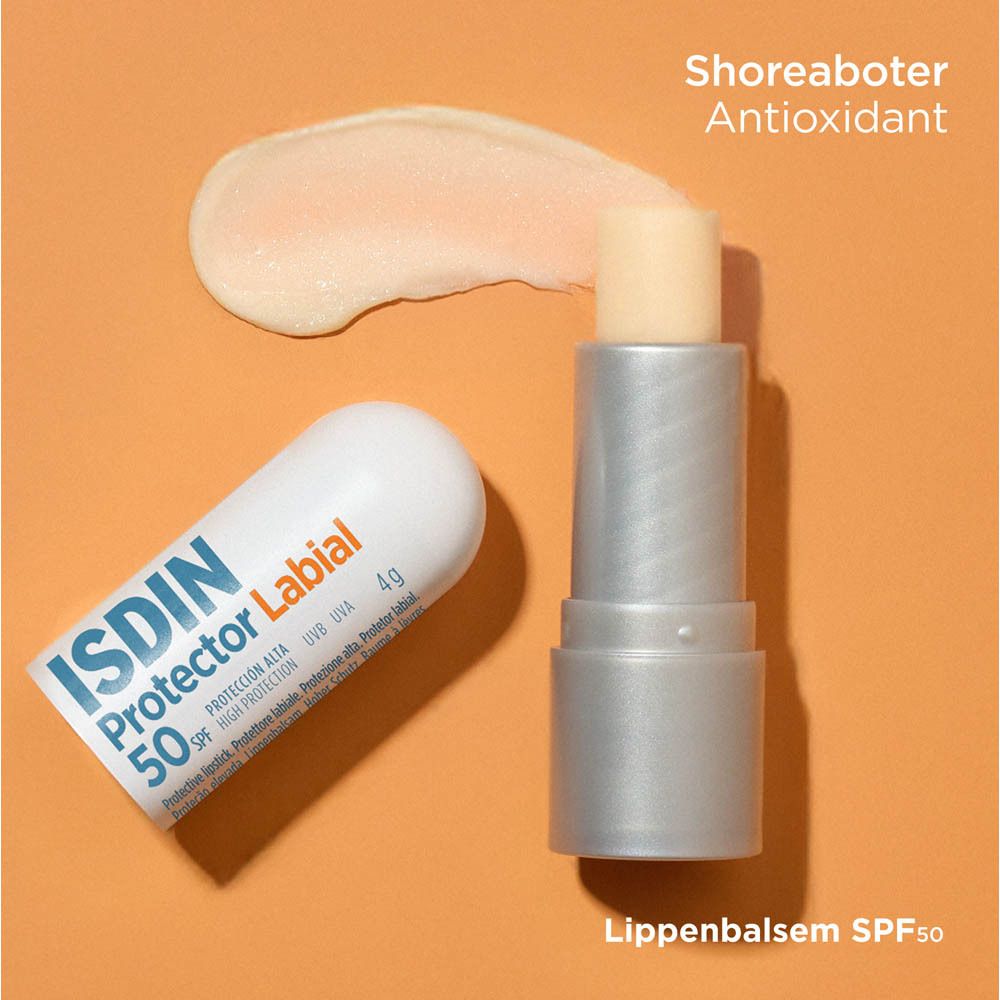 ISDIN Protector Labial LSF 50+ Lippenbalsam und Klecks. Text: Sheabutter. Antioxidans. Lippenbalsam SPF50.