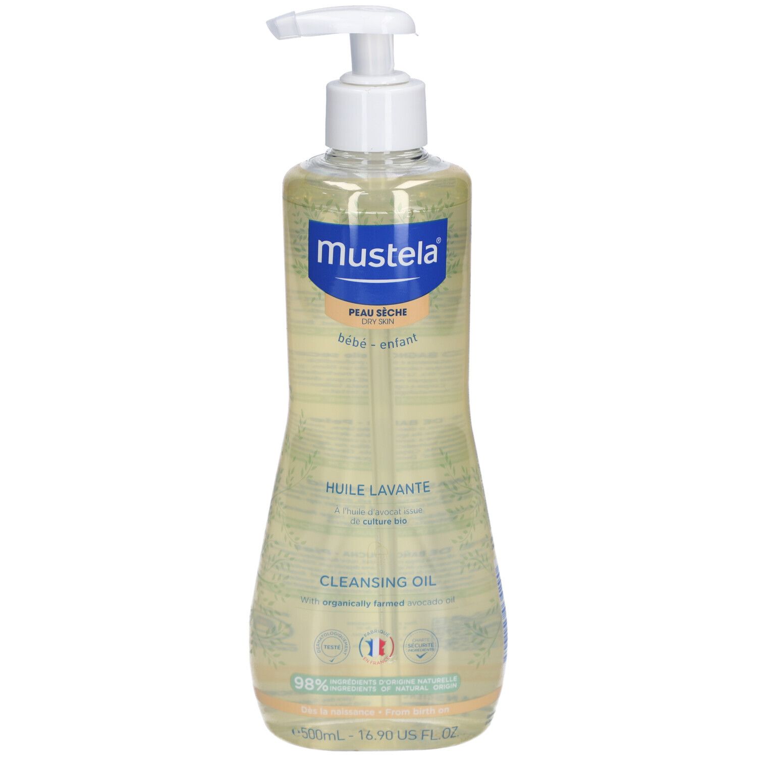 Mustela Reinigungsöl. Flasche mit Spender. Klar, gelbliche Flüssigkeit. Aufschrift: Peau sèche, bébé-enfant. Französische Beschriftung.