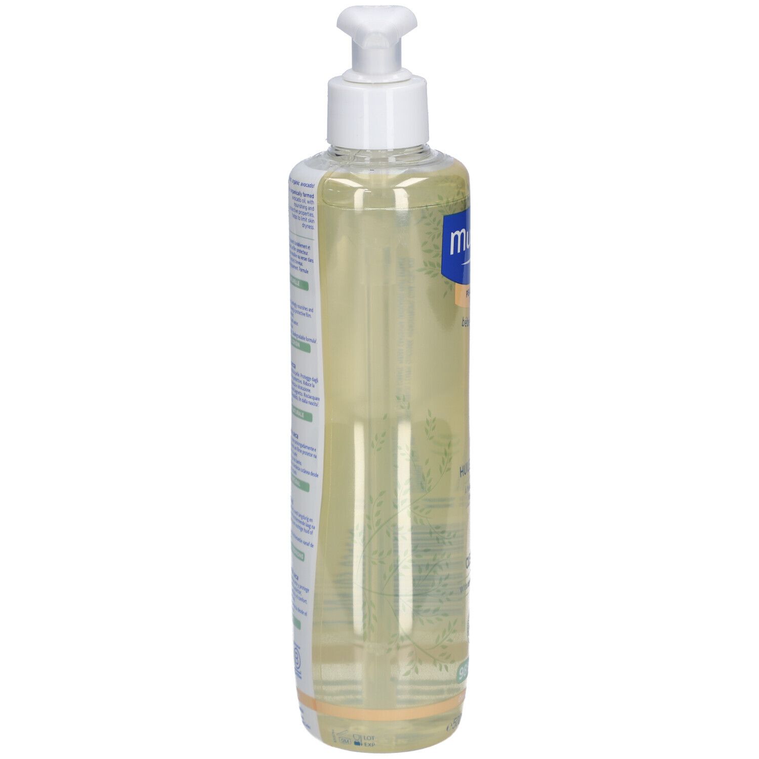 Mustela Reinigungsöl-Flasche, Seitenansicht. Transparente Flasche mit gelblicher Flüssigkeit. Beschriftungen auf der Flasche.